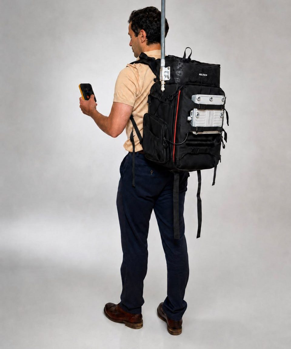 RealTrac portable communication and power kit in a backpack, personal tag in hand RealTrac portable communication and power kit in a backpack, personal tag in hand